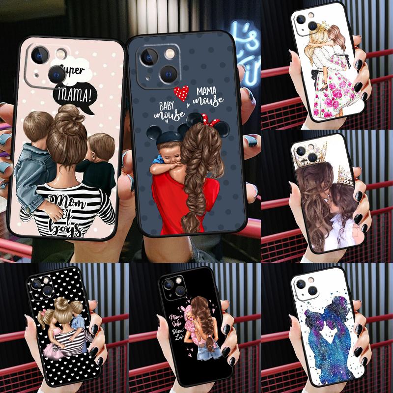 Beautiful Mother Daughter Son For iPhone 12 11 14 13 Pro Max Mini XS Max XR X SE 2020 6S 7 8 Plus Case Phone Back Cover