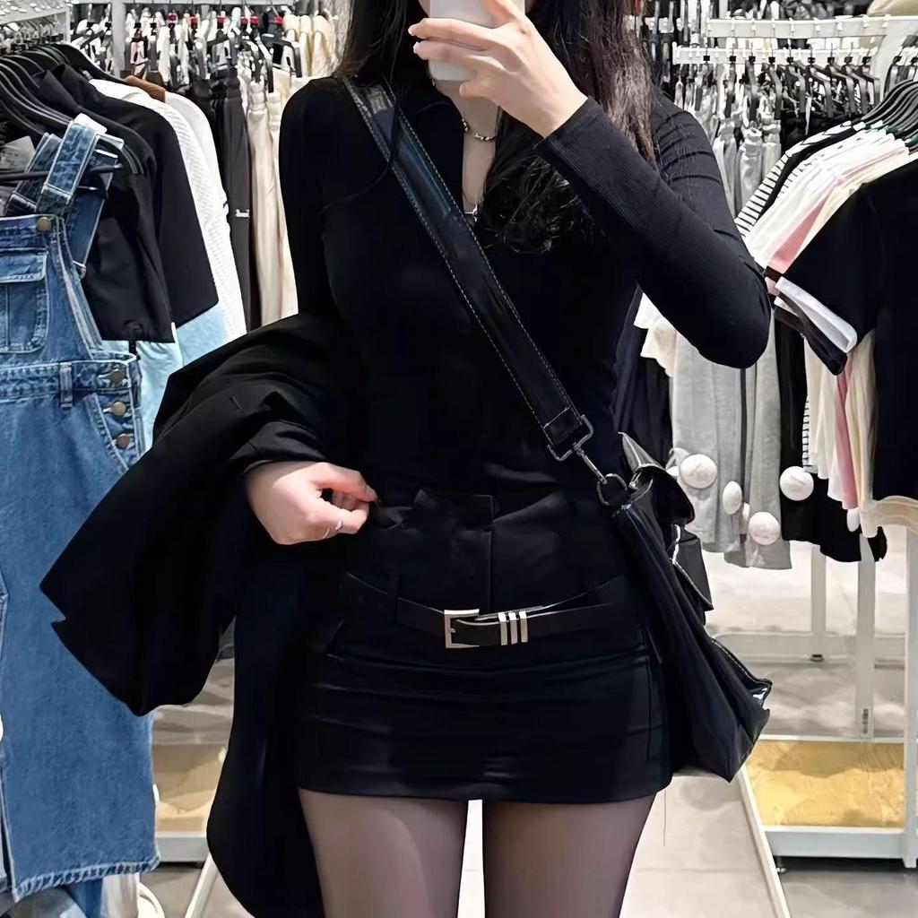 2024 Summer Retro Gray High-Waist Bodycon Mini Skirt for Women