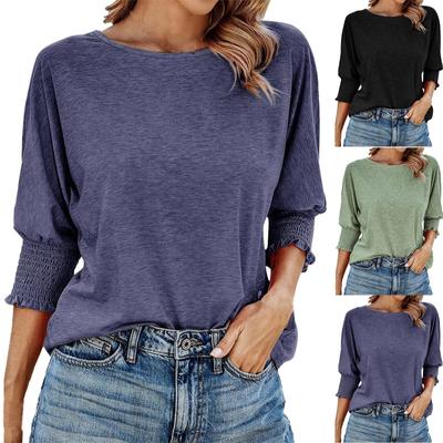 Womens Basic T-Shirts 3/4 Sleeve Curved Hem Summer Tops Fitted Tees Clothing