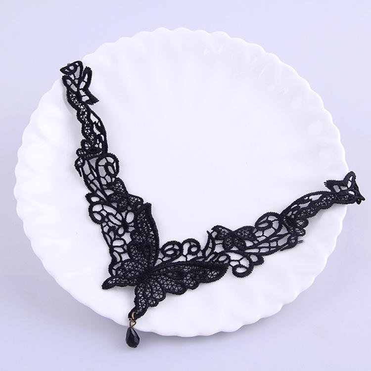 Korean Fashion Black Lace Butterfly Necklace with Gemstones – Vintage Court Teardrop Choker