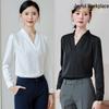 Women's V-Neck White Chiffon Blouse - Long-Sleeve Top for Professional Attire