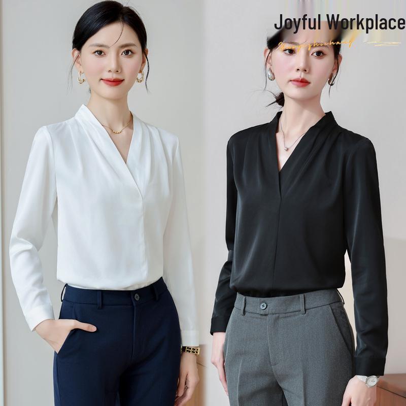 

Women s V-Neck White Chiffon Blouse - Long-Sleeve Top for Professional Attire XXL