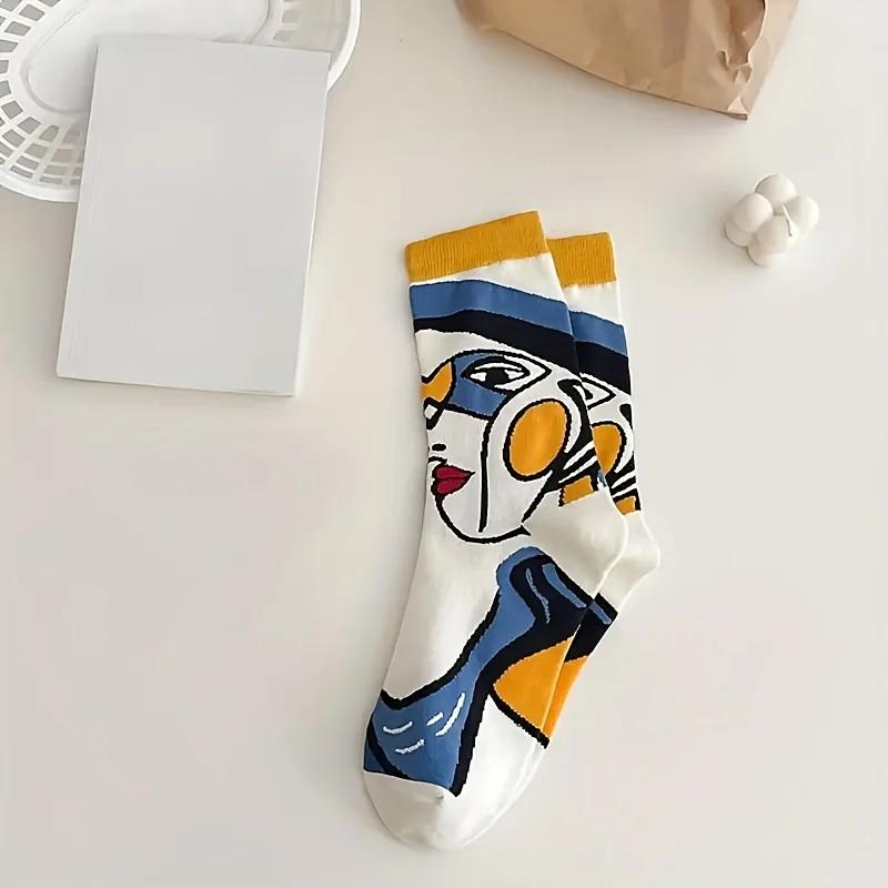 3 pairs of women's abstract oil painting tube socks - geometric art design, fashionable autumn and winter casual socks