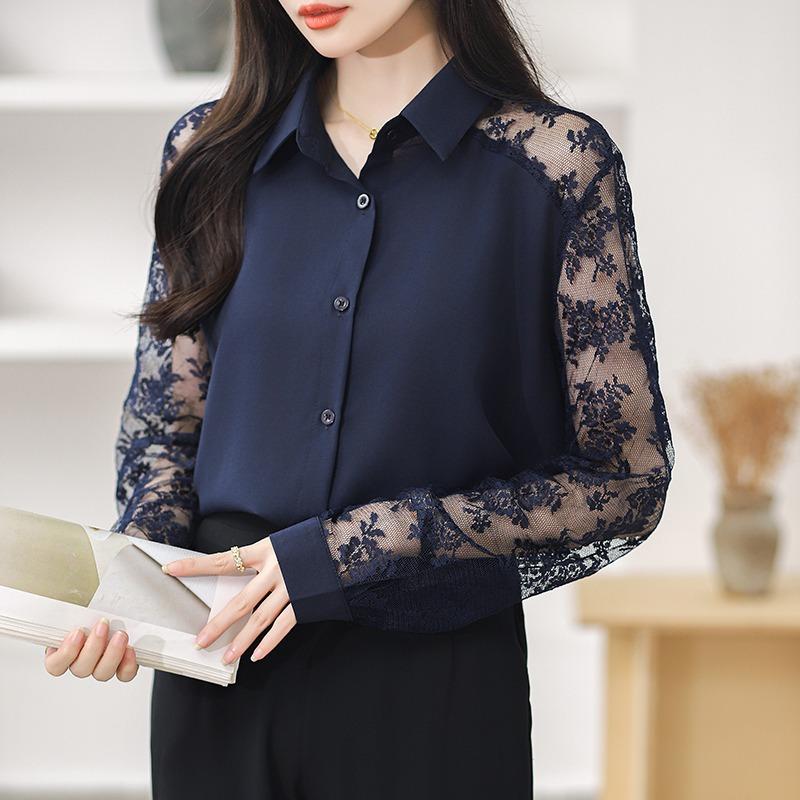 16 Color Lace Patchwork Chiffon Shirt Women Blouse Fashion Hollow Long Sleeved Top Slim OL Work Party Shirt Solid Color