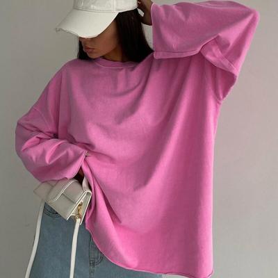 Moda solta em torno do pescoço manga longa rosa camiseta feminina rua sólido pulôver mulher tshirts 2023 outono senhoras camisetas topos 29355