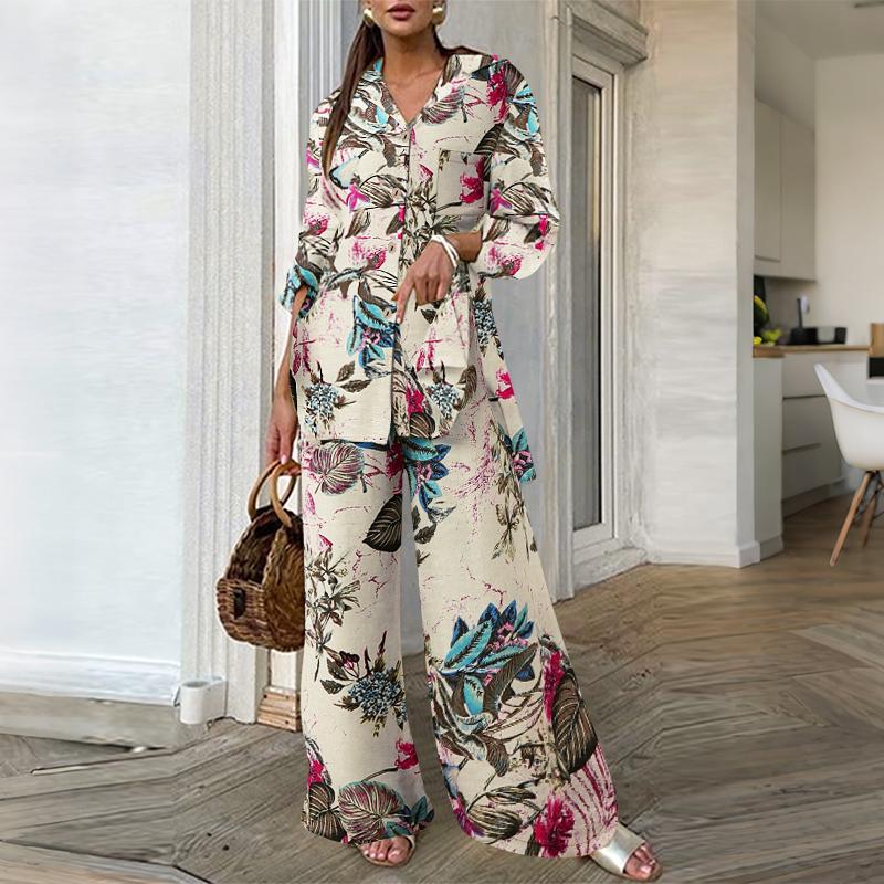 

ZANZEA Женские хлопковые наряды Блузка с длинным рукавом и брюки с принтом Комплекты из двух предметов 4XL красный