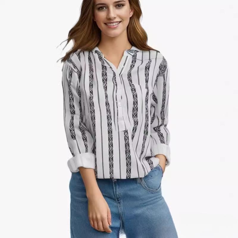 Women's New Striped Printed Button Up Shirt, Loose Long Sleeved Top