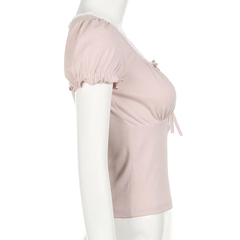 French Romantic Pleated Lace U-Neck Puff Sleeve Slim Fit Casual Top