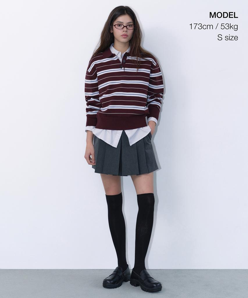 MUSINSA STANDARD WOMAN Women'S Multi-Stripe Collared Knit [Burgundy]