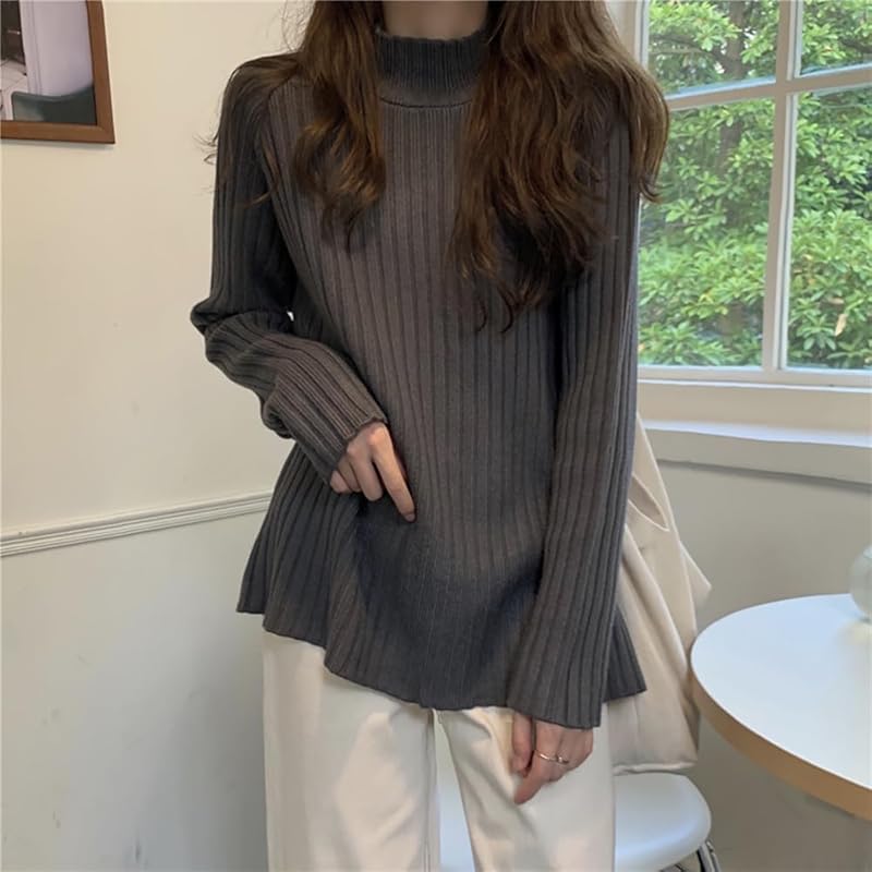 [Village H&T] ladies sweater knit tops casual simple half turtleneck Relaxing rib knit Going out Beautiful autumn/winter long sleeve 137 (dark gray)