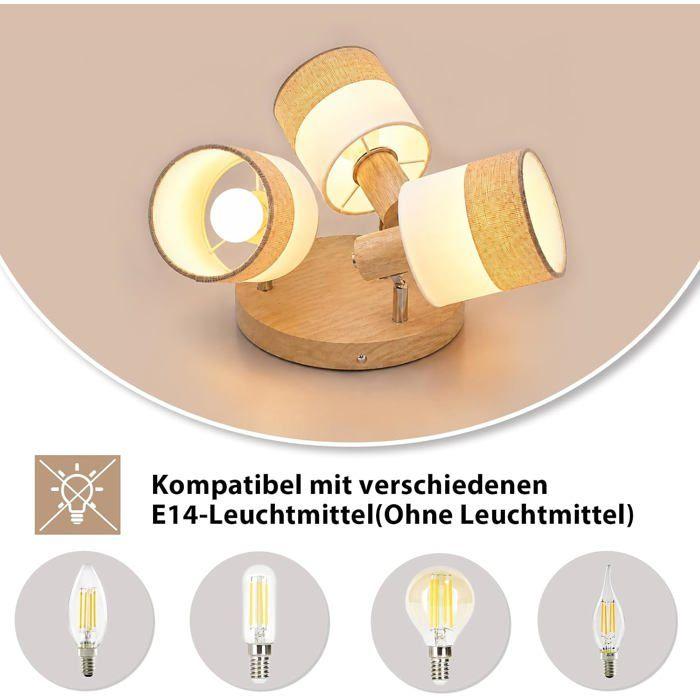 3-spot Ceiling Light - NETTLIFE - Wooden Base E14 350° Swiveling - Linen Fabric Lampshade - 3x25W - Vintage White Style