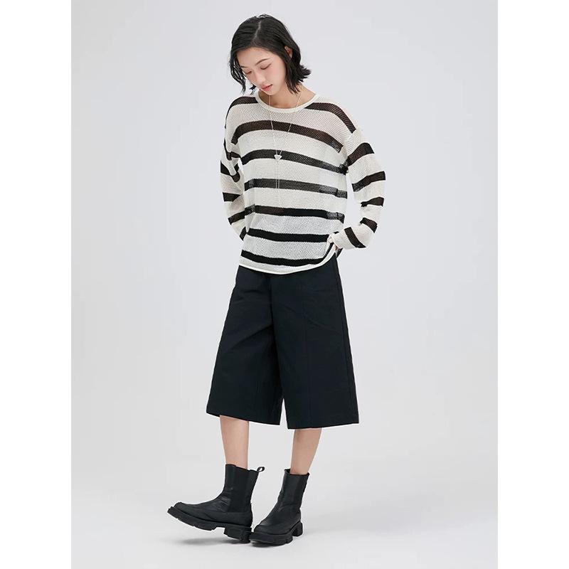 Women's Summer Striped Linen Knitwear: Openwork Long Sleeve Loose T-shirt Cardigan