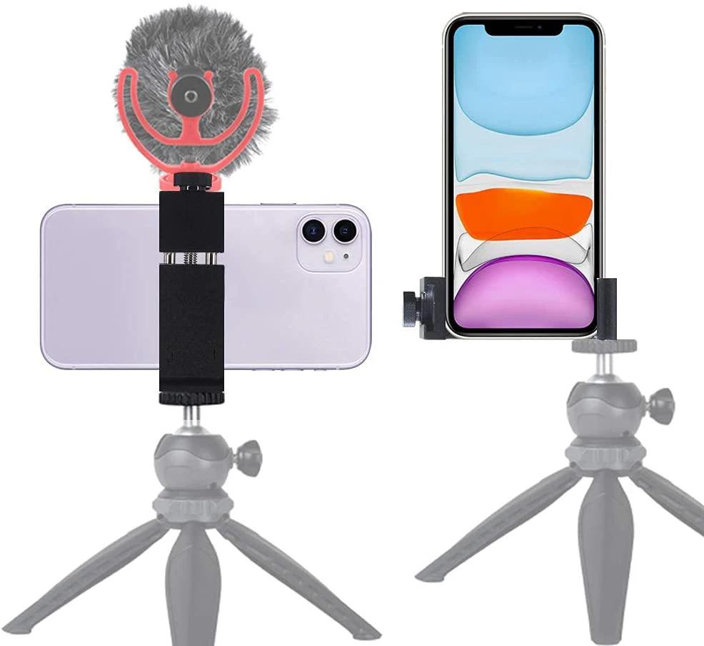 Aluminum Phone Tripod Mount Cold Shoe Mount, Support Vertical and Horizontal, Universal Adjustable Clamp for iPhone 12 11 Pro