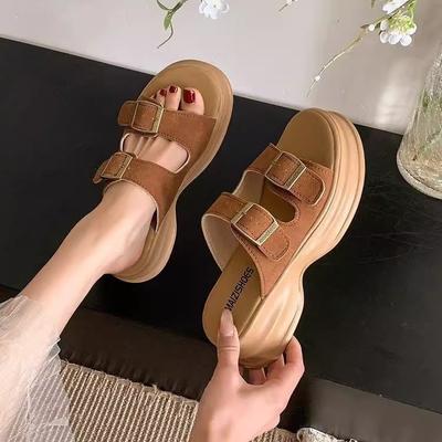 Thick-bottomed Heightening Beach Boken Slippers Women's 2025 Summer New Retro Versatile Casual Soft-bottomed One-word Cool Slippers