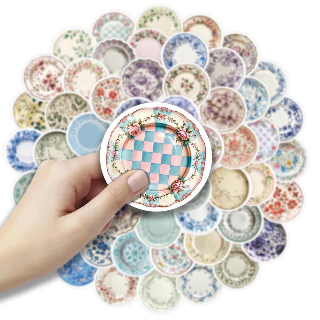 50 New Retro Floral Dinner Plate Stickers for Notebook Decoration