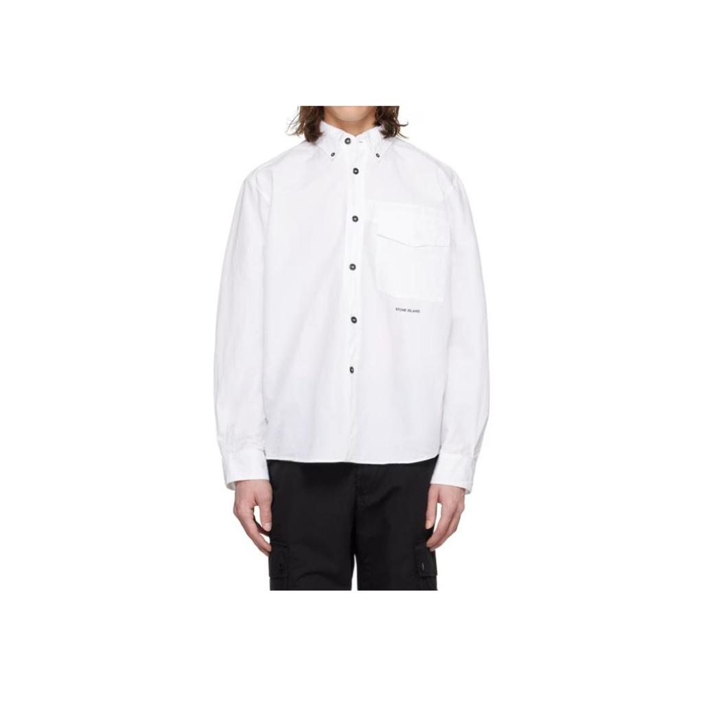 Stone Island Button-Down Collar Letter Print Long Sleeve Shirt Men shirts White 801511701-V0001