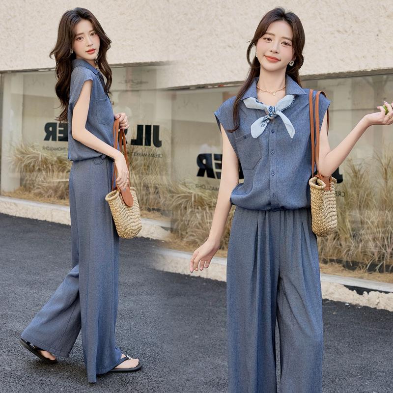 Summer new fashion suit women's lapel sleeveless shirt temperament thin straight pants two-piece suit