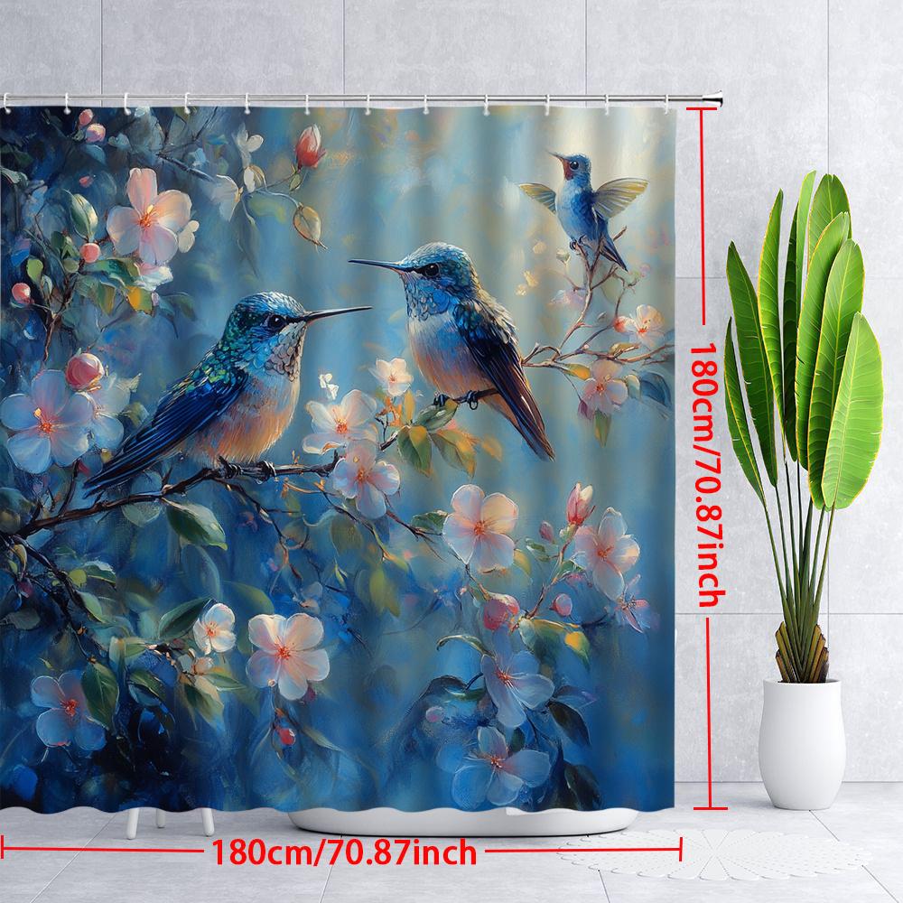 1 Stück Kolibri & Blüte Duschvorhang - Lebhafter Polyesterstoff mit irisierenden Federn & impressionistischen rosa/weißen Blüten