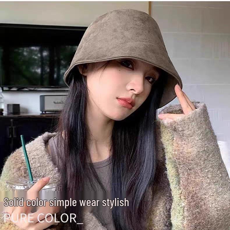 Women's Suede Bucket Hat - Solid Color, Versatile, Large Fit, Face-Covering