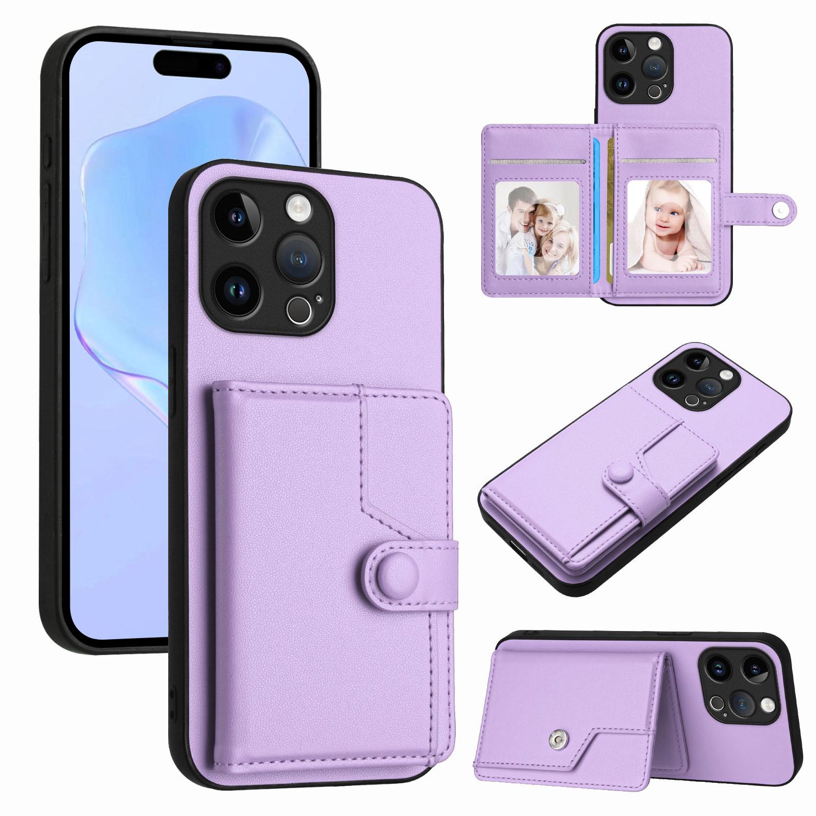 

For iPhone 15 Pro Max Case RFID Blocking Card Holder Kickstand TPU+PU Leather Phone Back Cover Purple