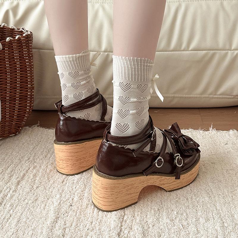 Cute bow Mary Jane shoes women's autumn design thick heel with skirt cross strap high heel single shoes tide