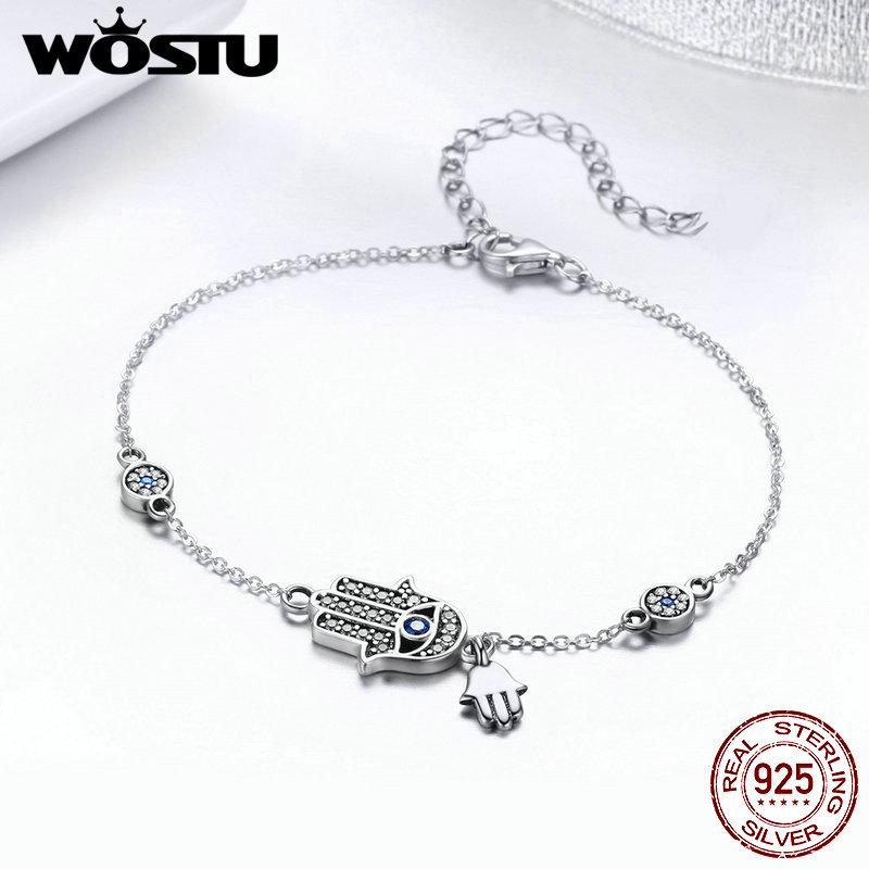 WOSTU 925 Silver Fatima of Hand Hamsa Eye Bracelets Blue Zircon Chain Link For Women Bangles Fashion 925 Jewelry CQB079