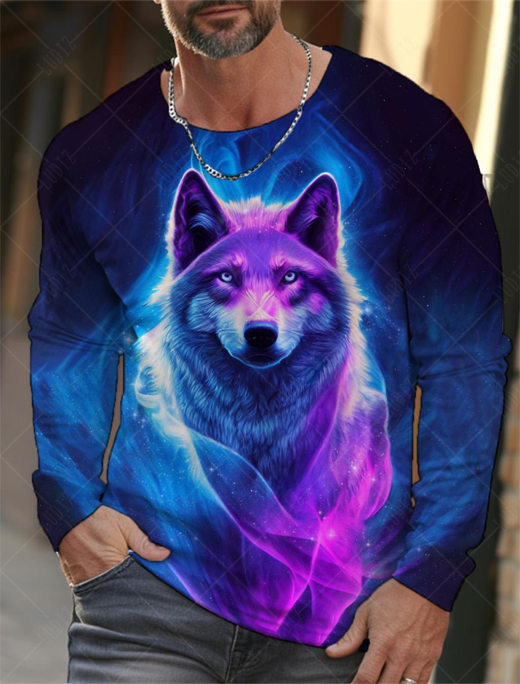 Винтажная мужская футболка с длинным рукавом, рубашки с 3d принтом, модная одежда с изображением животных и волка, топы с рукавами, мужские уличные топы большого размера 3XL