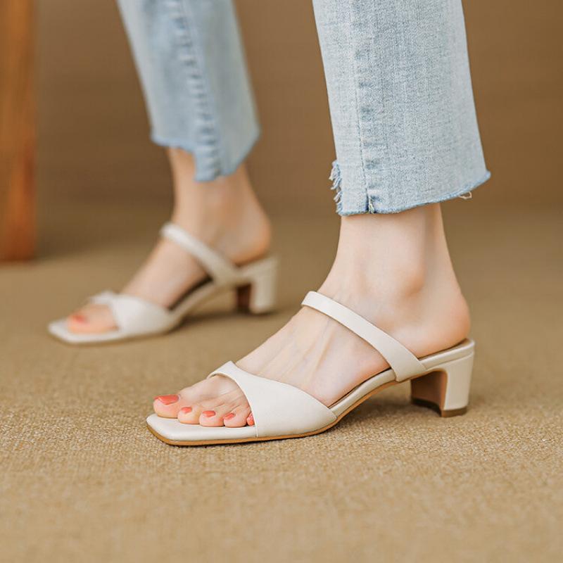 Sommer Damen Ein-Wort-Slipper lässig einfarbig Rindflechsensohle Sandalen mittlerer Absatz neu bequem kühl Slipper große Größe dicker Absatz