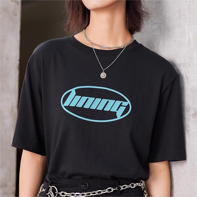 Li-Ning Round Neck Letter Print Loose Casual Short Sleeve T-Shirt Unisex Tops Black AHSSA33-2