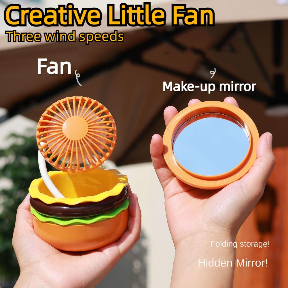 

With Mirror Creative Small Fan Burger Shaped Handheld Fan New Desk Fan