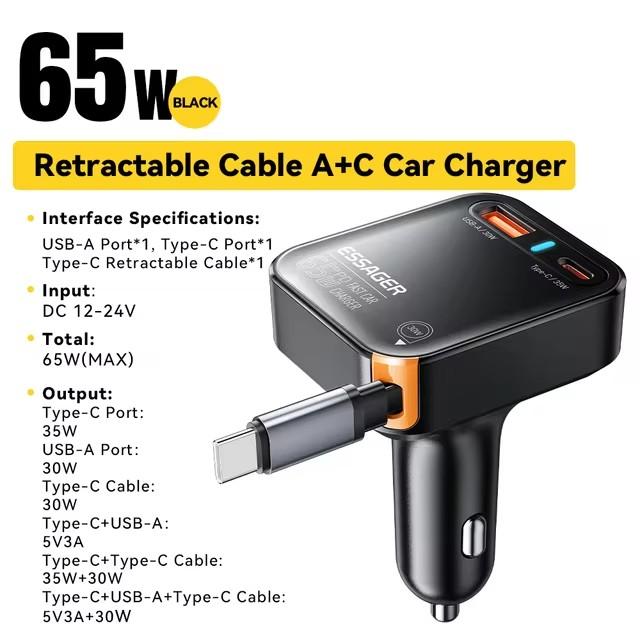 Essager 65W USB C Car Charger 3 Ports with Retractable Cable PD3.0 QC3.0 30W Fast Charging for iPhone 16 15 iPad Samsung Xiaomi