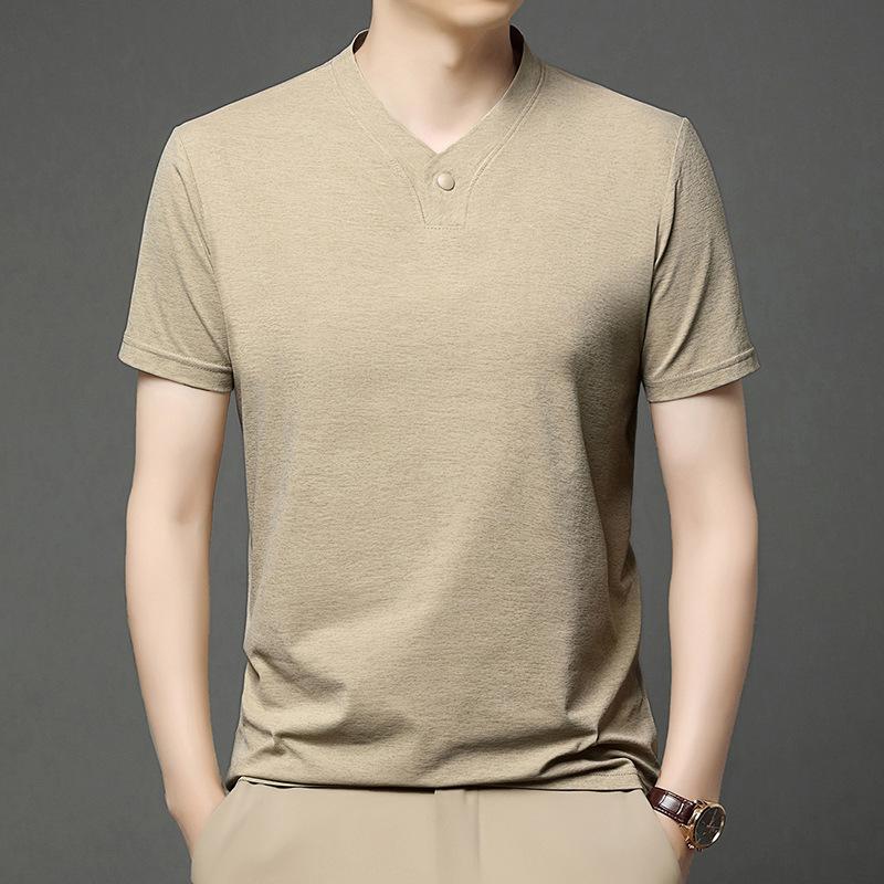 Men's Casual and Fashionable One Button V Neck Solid Color Short Sleeved T Shirt Summer Versatile