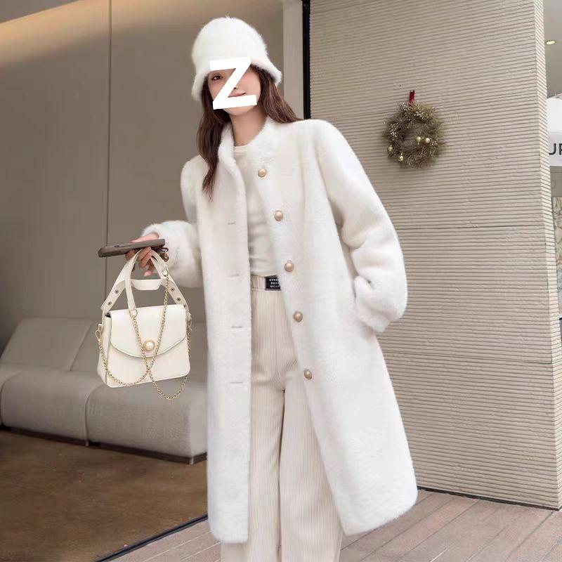 Womens Faux Fur Coat With Rabbit Hair Trim Oversized Loose Fit Mid-Length Winter Outerwear No Hood Lapel Collar