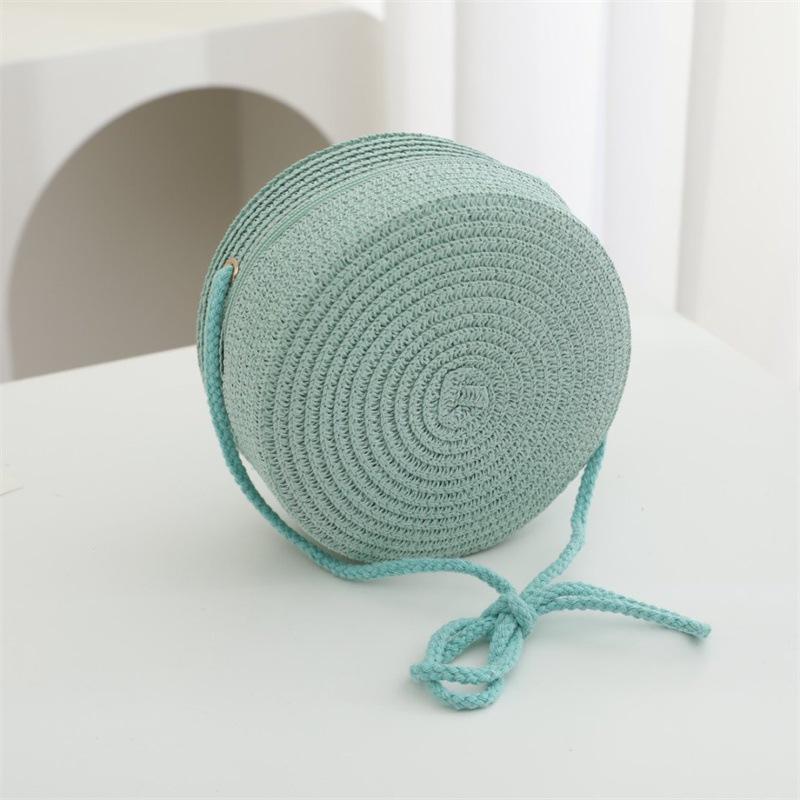 Summer Solid Color Straw Bag Shoulder Messenger Round Bag Children Versatile Outing Beach Bag Light Board DIY Round Weaving