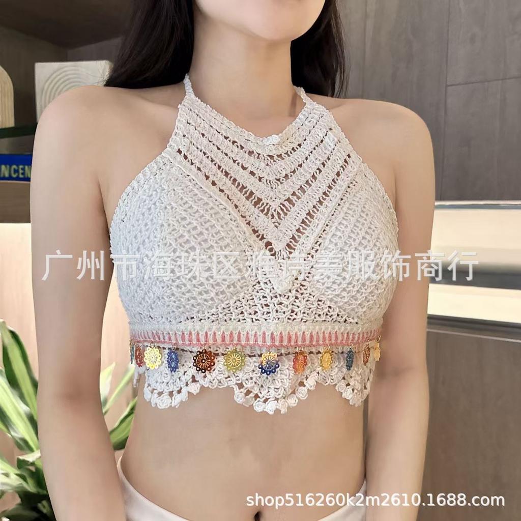 New fashionable and sexy tube top with small suspenders for women's summer seaside beach lace-up hollow knitted neck top