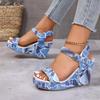 2026 New Women's Wedge Sandals Fashion Floral Printed Canvas Shoes Elegant Lady Large Size Casual Sandals
