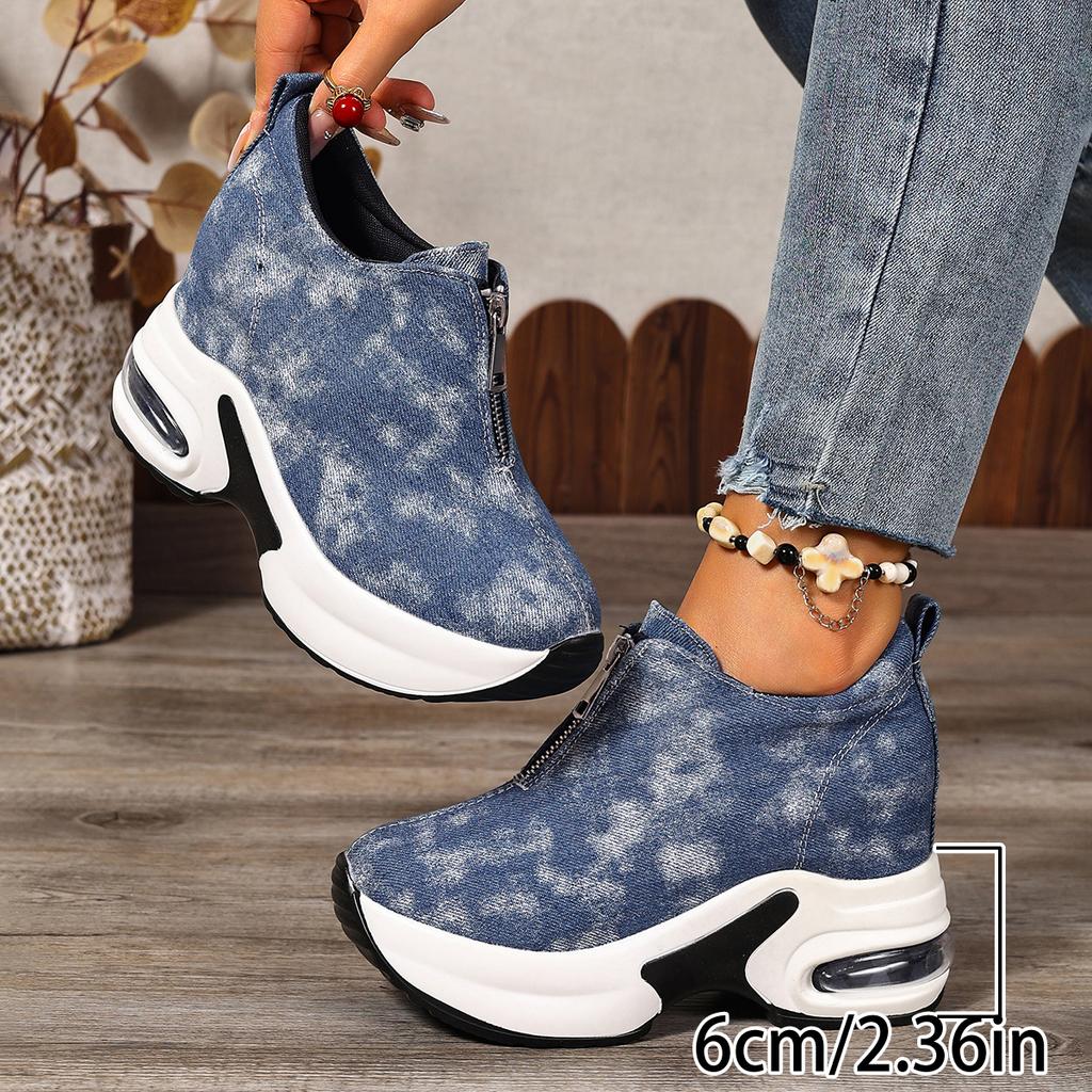Fashion Chunky Platform Sneakers for Women Thick Bottom Casual Sports Shoes Woman Blue Denim Wedge Heel Cushion Sneakers 35-42
