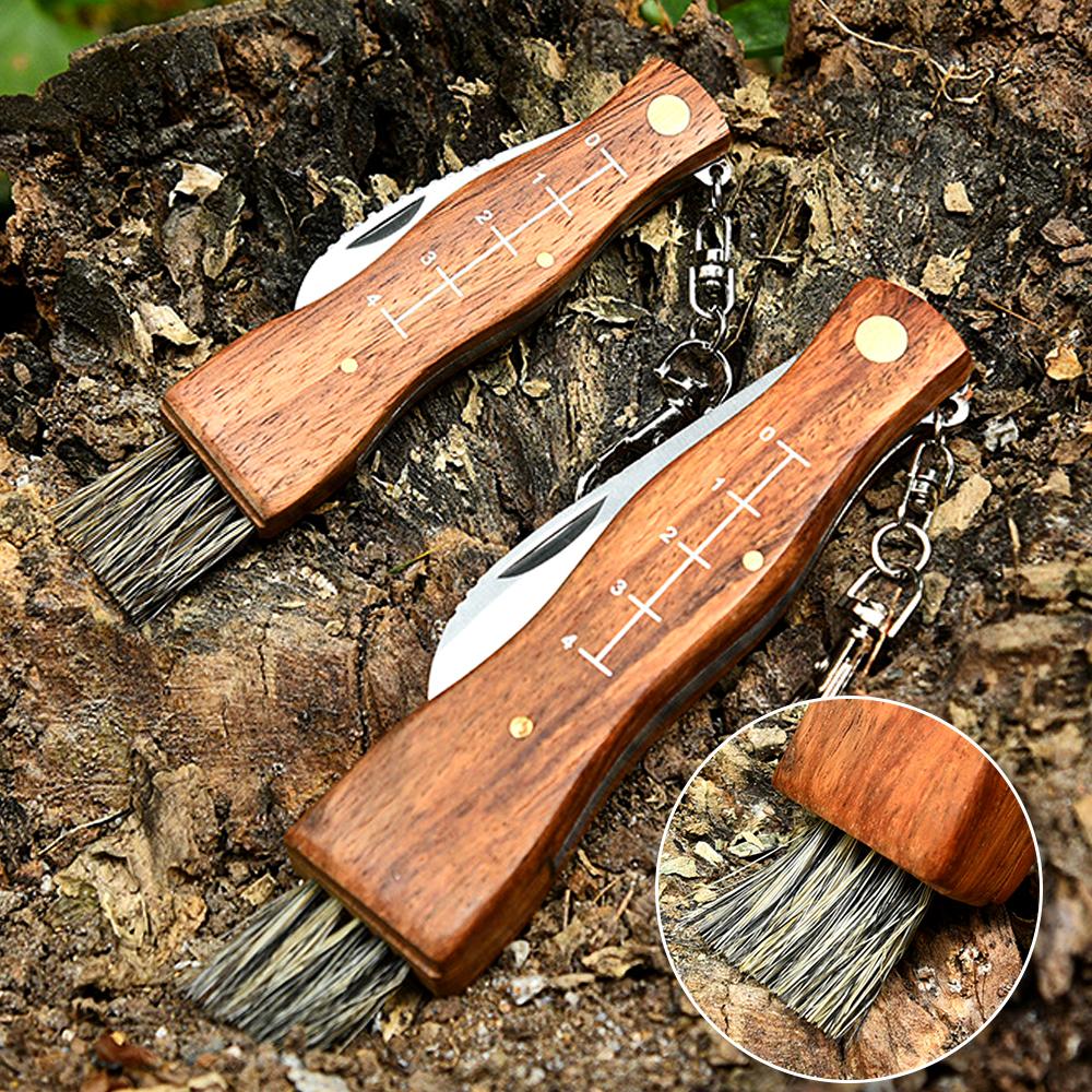 Mini Mushroom Knife Kitchen knives Stainless Steel Wooden Handle with keychain Brush Sharp Multifunctional Folding Knife Brush