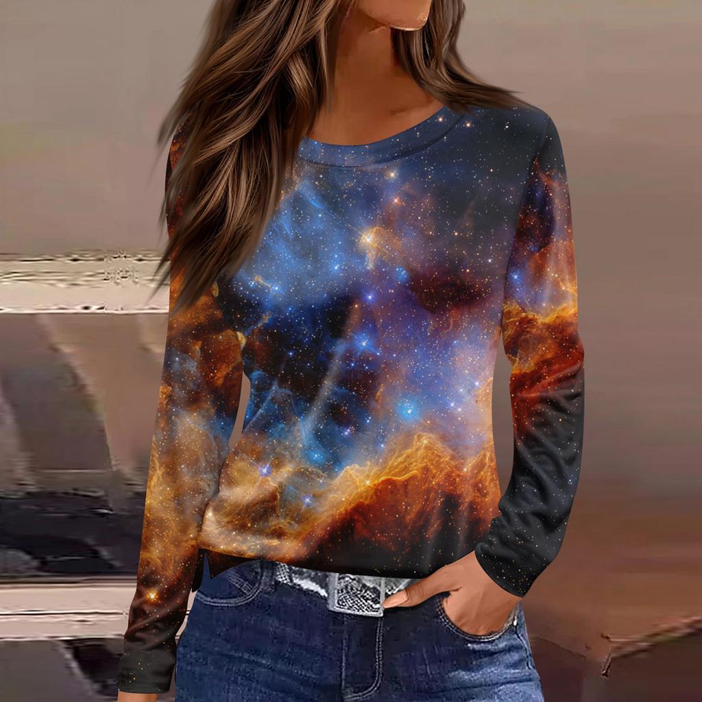 Women's Fashion Casual Slit Hem Round Neck Long Sleeve Loose Printed T,Shirt Ladies Top