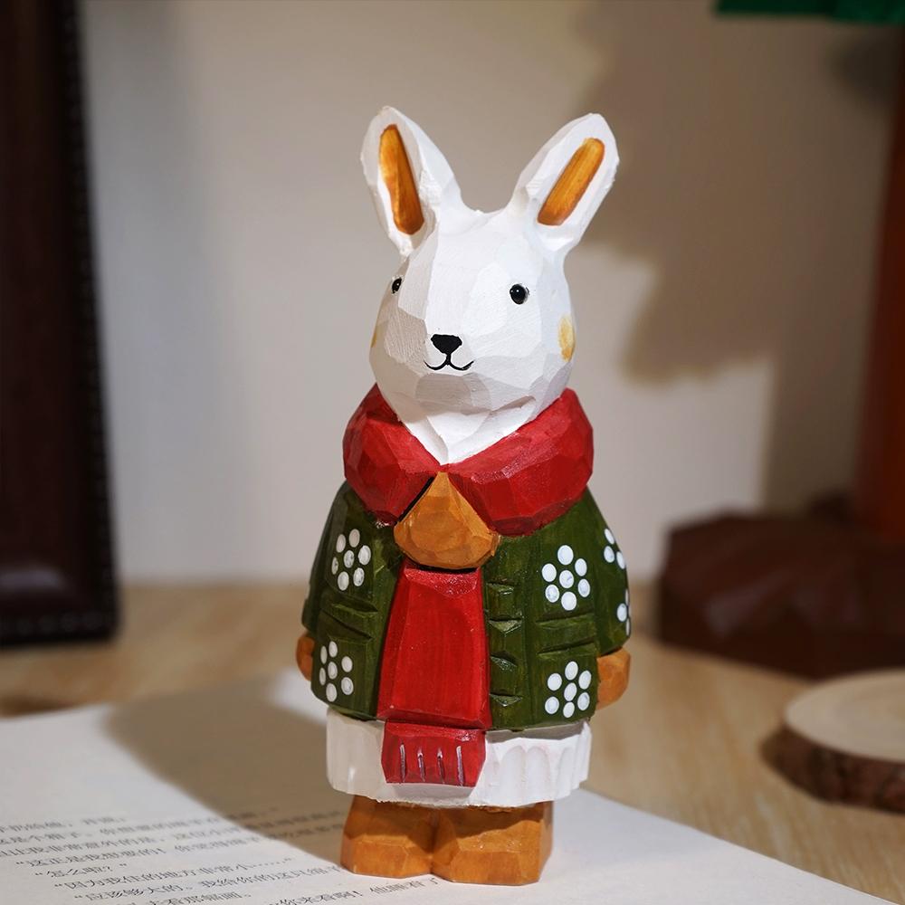 Christmas White Rabbit Figurine Room Decor Handcrafted Wood Carving Home Decorations Desk Accessories Room Wooden Rabbit Statue