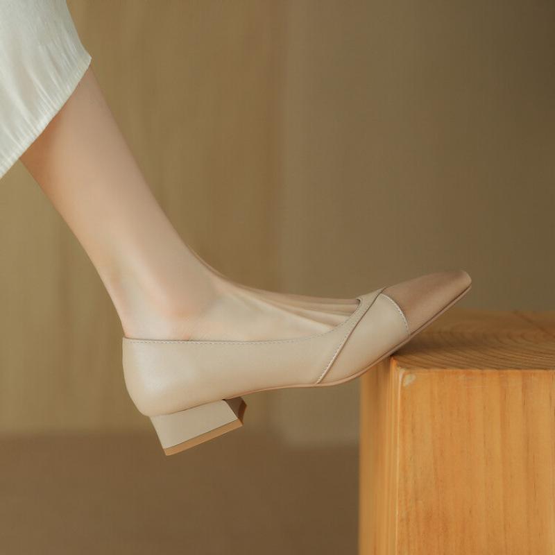 New color matching women's single shoes women's leather shoes square head low heel flat shoes casual low-top shoes one pedal lazy shoes