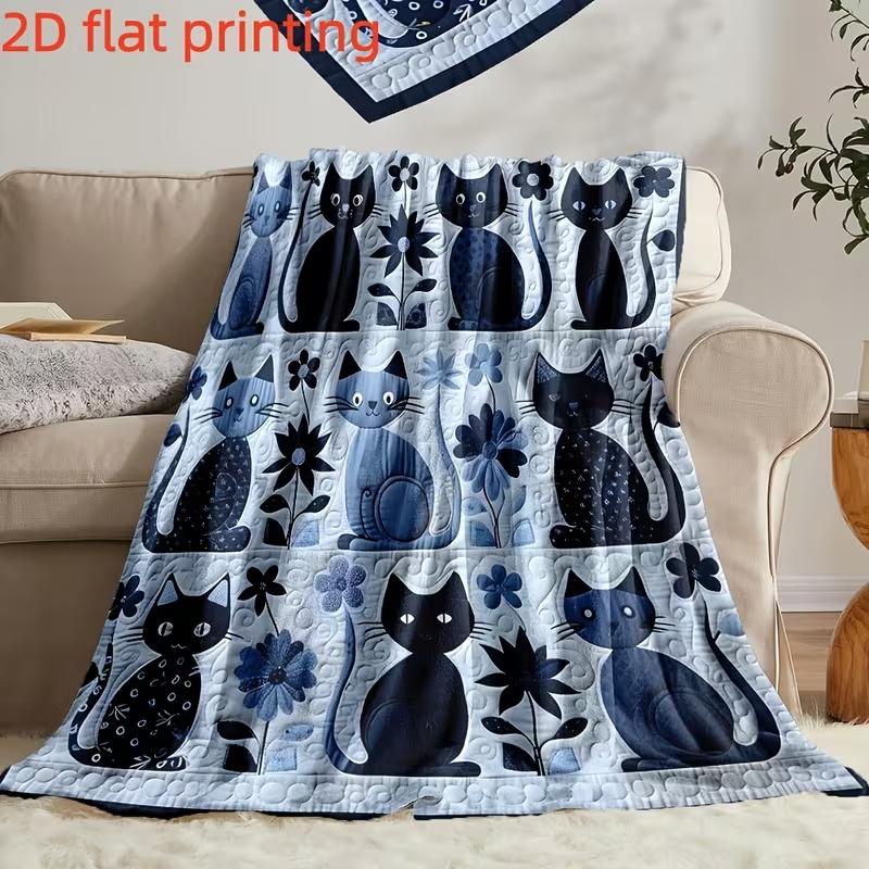 Vintage Patchwork Cats Flannel Blanket - Soft Warm All-Season Colorful Cat Illustrations, Cozy Throw for Home, Travel Blanket
