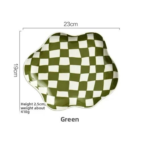 

Irregular cloud plate designer tableware black white and green checkered dessert plate, cake and pastry plate зелений