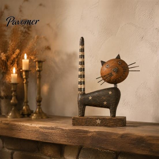 Vintage Style Home Accents Rustic Wooden Cat Ornament with Spring Shaking Head for Farmhouse Tabletop Wood Art Decor, Handcrafted Retro Folk