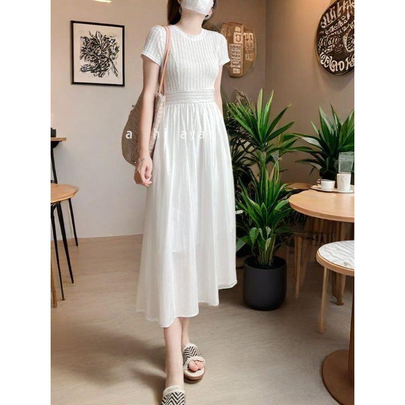 Elegant Slim-fit Round Neck Patchwork Dress for Women - Waist-cinching Solid White, Gentle Style, Summer Long Dress