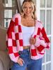 Women's Oversized Plaid Color Block Cardigan Chunky Knit Sweater Coat Cute Fall Winter Outerwear