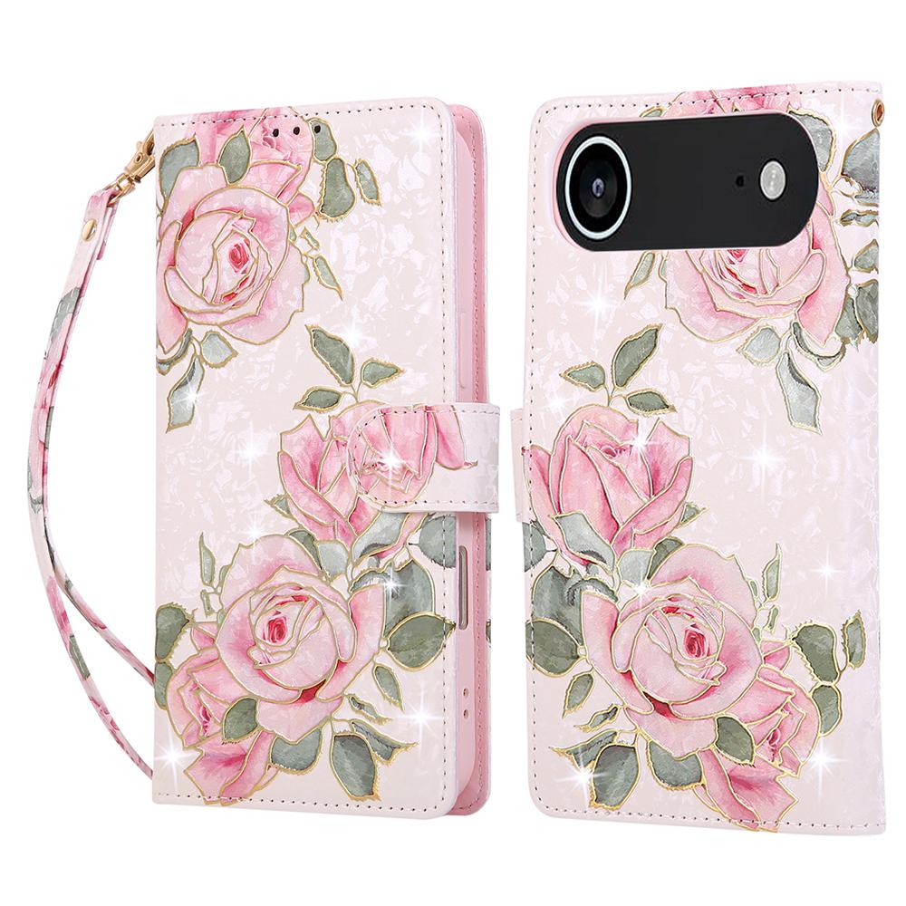 For iPhone 17 Air Case RFID Blocking Flower Leather Phone Cover with Wrist Strap