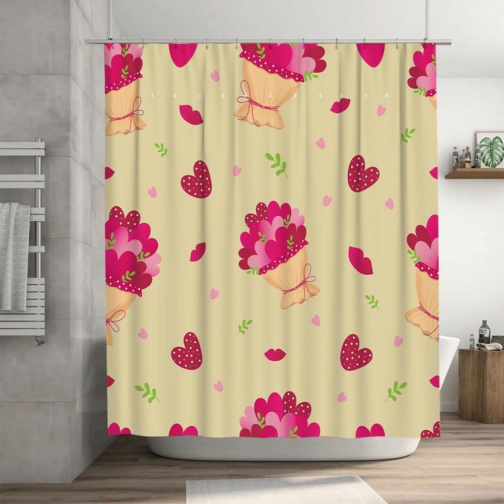 Vintage Floral Shower Curtain with Hearts Design for Bathroom Decor Pink Beige Pattern Home Decoration DIY Waterproof Hanging Cu