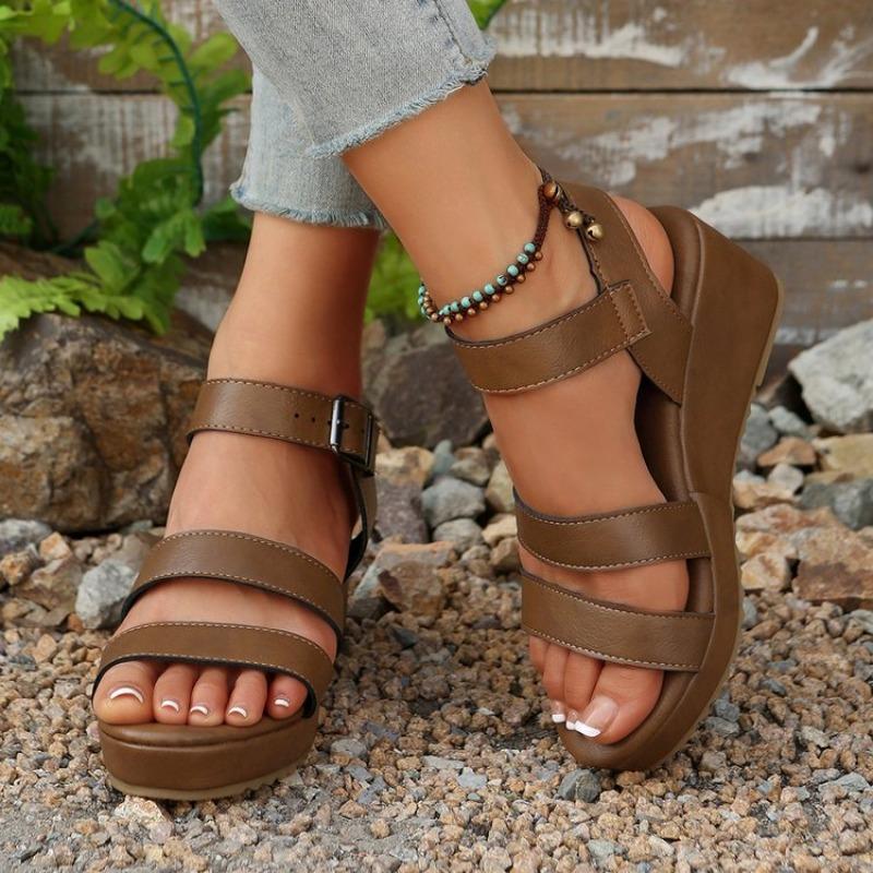 Summer New Wedge Heel Sandals for Women Open-toe Thick-soled Buckle Roman Sandals Non Slip Beach Shoes for Woman