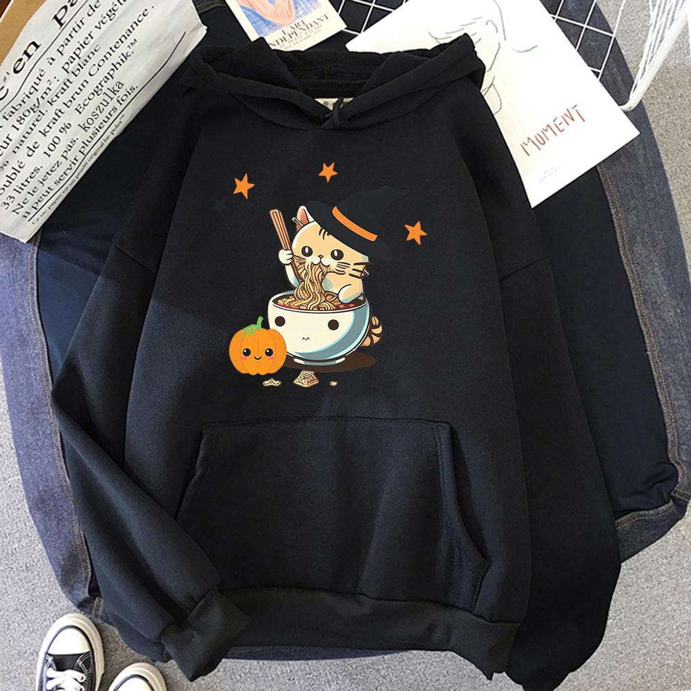 Funny Cat Halloween Hoodie Fashion Women Aesthetic Vintage Ramen Flower Pumpkin Hoodies Unisex Christmas Pullovers Sweatshirts